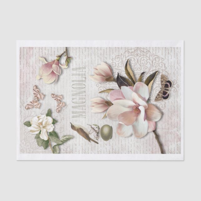 Papier Mousseline Collage de Magnolia, d'Oiseaux et de Papillons (Recto)