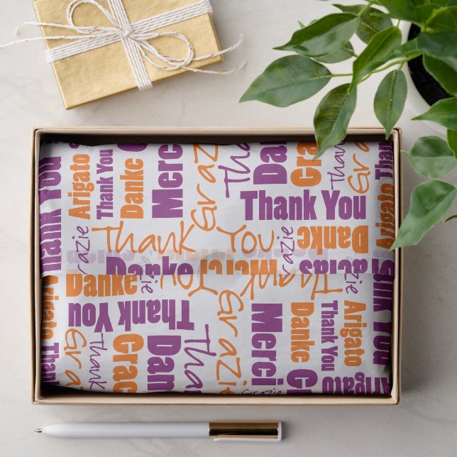 Papier Mousseline Collage de mots en MERCI violet et orange (Cadeau)
