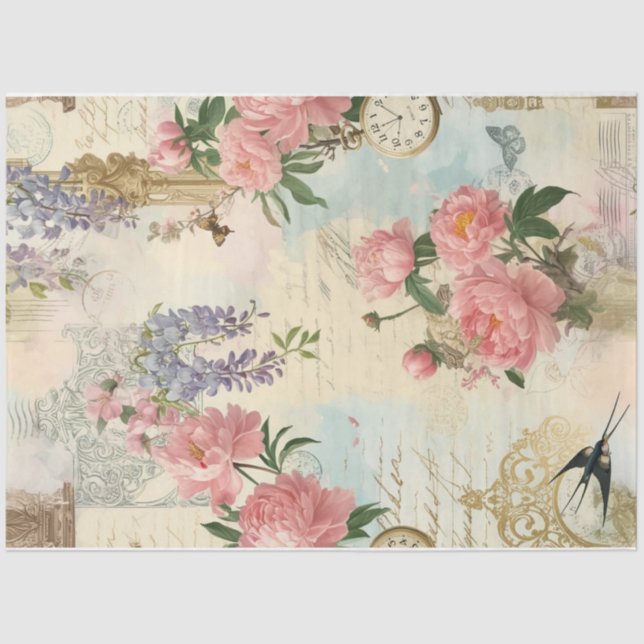 Papier Mousseline Collage printanier avec oiseaux et fleurs | Découp (Recto)