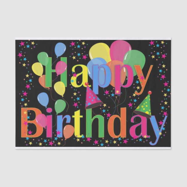 Papier Mousseline Coloré Vibrant Joyeux Ballons d'anniversaire Noir (Recto)