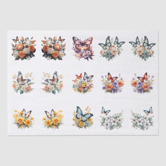 Papier Mousseline Colorful Watercolor Floral Butterflies Decoupage  (Recto)