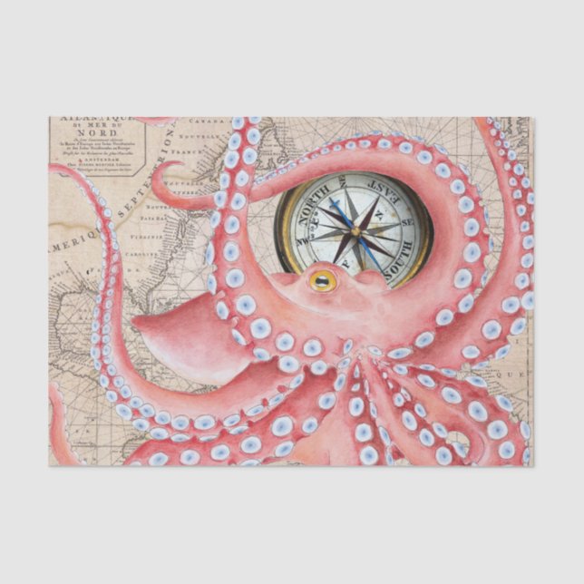 Papier Mousseline Compas Carte Vintage de pieuvre rouge (Recto)