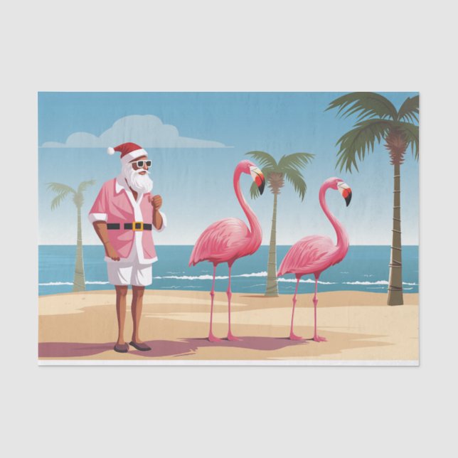 Papier Mousseline Cool Yule Père Noël et Flamants roses Beach Noël (Recto)