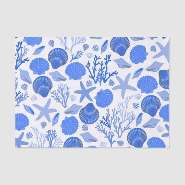Papier Mousseline Coquillages bleus et Motif de corail (Recto)