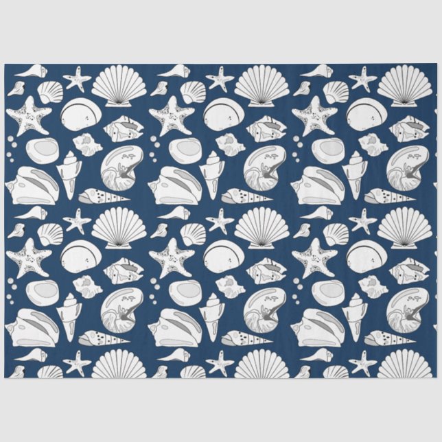 Papier Mousseline Coquillages Nautique Marine Blue Decoupage (Recto)