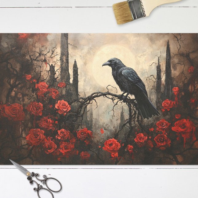 Papier Mousseline Corbeau gothique avec découpage de roses rouges fo (Créateur téléchargé)