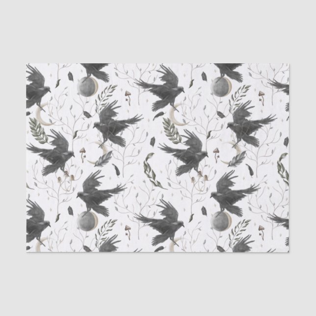 Papier Mousseline Corbeau noir, lune et Plante sauvage (Recto)