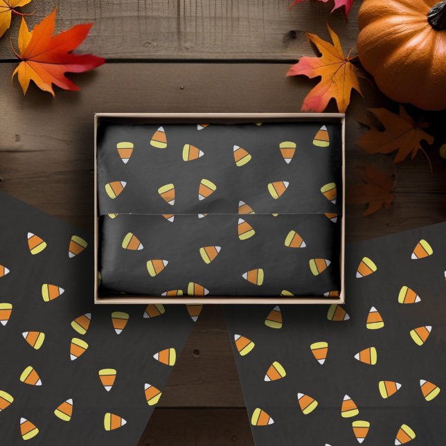 Papier Mousseline Corn à bonbons mignon Halloween Tissu Papier (A classic pattern of candy corns on black tissue paper.)