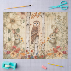 Papier Mousseline Cottagecore Lapins et Chouette en bois Collage flo