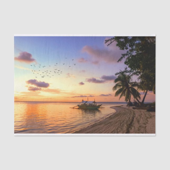 Papier Mousseline Coucher de soleil sur l'île de Tahiti, plage tropi (Recto)