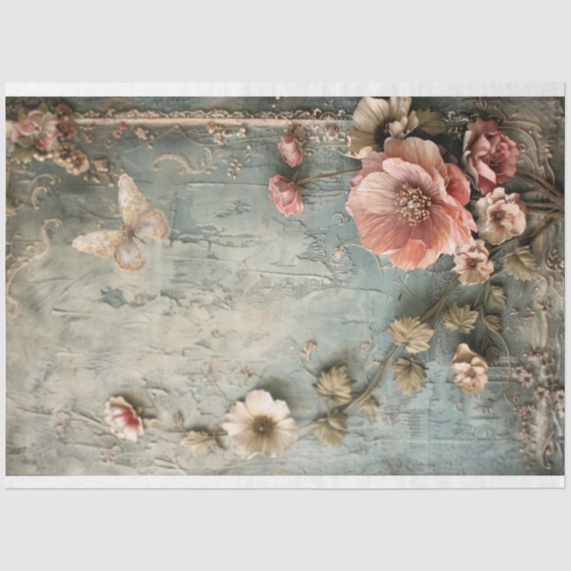 Papier Mousseline Couleurs Douces, Chic Shabby, Floral Tattré (Recto)