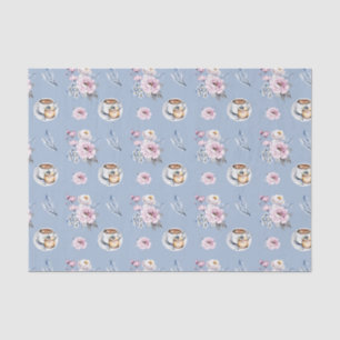Papier Mousseline Coupe bleue de thé aux fleurs roses
