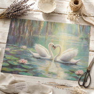 Papier Mousseline Couple de cygne romantique en Lily Pond Découpage