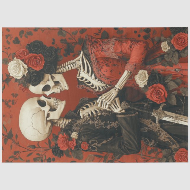Papier Mousseline Couple de squelette gothique en rouge et noir (Recto)