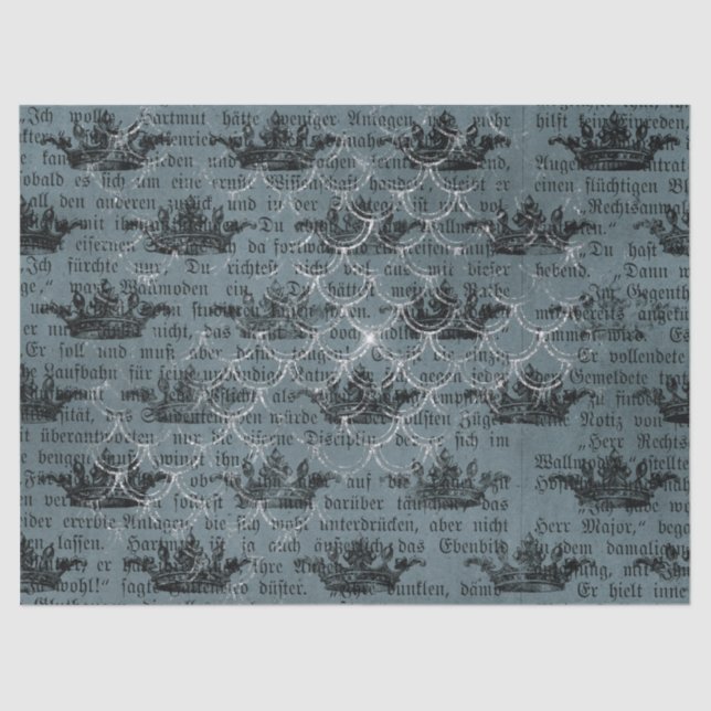 Papier Mousseline Couronnes noires et écriture sur Découpage bleu (Recto)