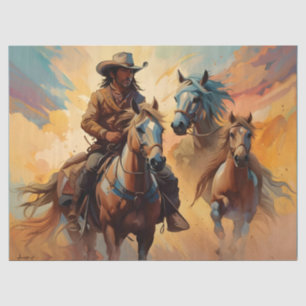 Papier Mousseline Cowboy Chevaux Occidentaux bleu Tan Collage