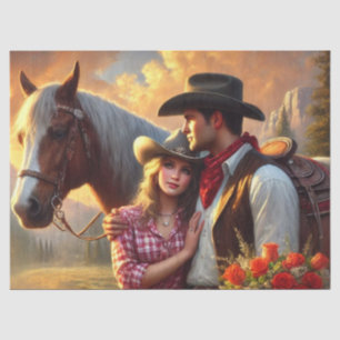 Papier Mousseline Cowboy Cowgirl and a Horse Western