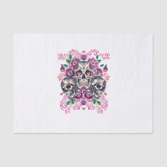 Papier Mousseline Crâne floral, squelette aquarelle rose, Halloween. (Recto)