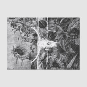 Papier Mousseline Crâne Rustique Floral Noir Et Blanc
