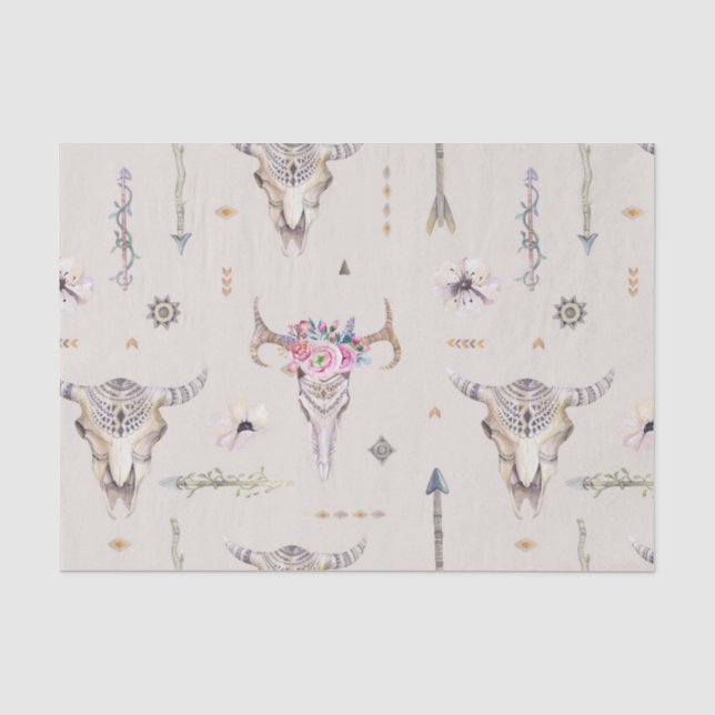 Papier Mousseline Crânes de Boho, fleurs, et motif de flèches (Recto)