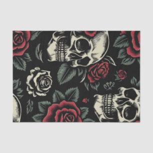 Papier Mousseline Crânes et roses rouges Floral gothique
