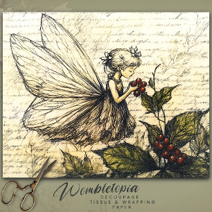 Papier Mousseline Croquis vintage Fée avec Holly et Berries