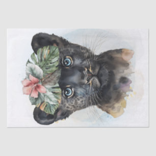 Papier Mousseline Cube Black Panther Cub Floral Wild Cat Aquarelle