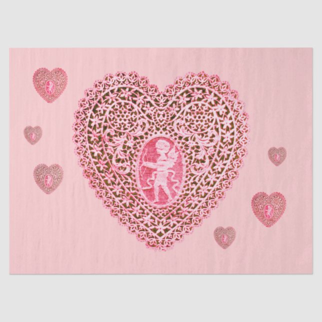 Papier Mousseline CUPIDON DENTELLE COEUR Rose Rouge Saint-Valentin (Recto)