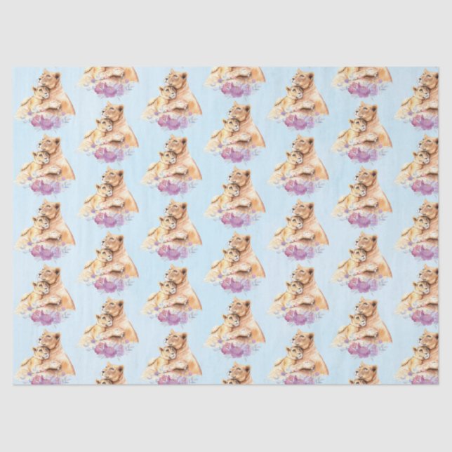 Papier Mousseline Cute Aquarelle Mère Lion & Motif Cub (Recto)