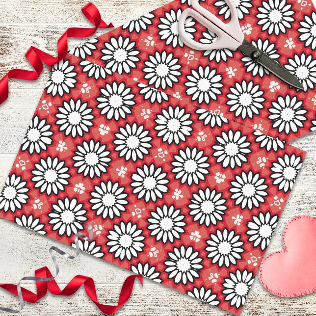 Papier Mousseline Cute Blanc & Rouge Stylé Floral Motif géométrique (Créateur téléchargé)