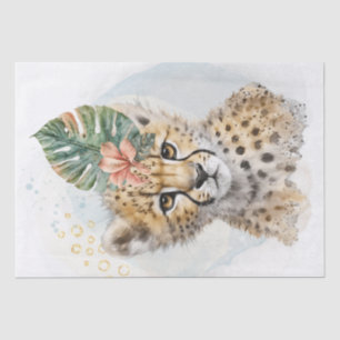 Papier Mousseline Cute Cheetah Cub Floral Wild Cat Aquarelle