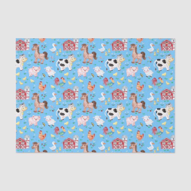 Papier Mousseline Cute Farm Animaux Barnyard Blue Arrière - plan (Recto)