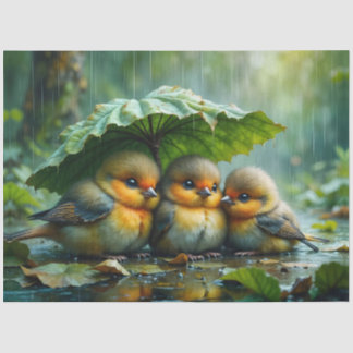 Papier Mousseline Cute fluffy birds hiding under leaf in rain