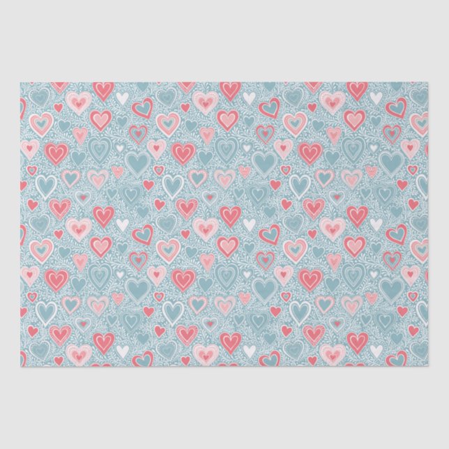 Papier Mousseline Cute Folk Floral Coeur Dusty Baby shower bleu rose (Recto)