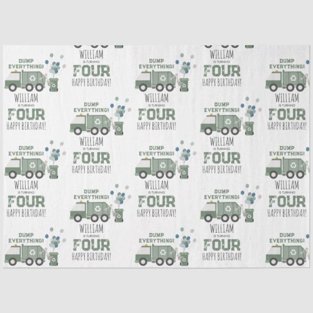 Papier Mousseline Cute Green Recycling Camion Enfants Nom Âge Annive (Recto)