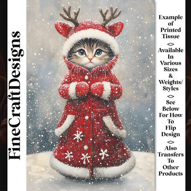 Papier Mousseline Cute Kitten Reindeer En Manteau Rouge AK6F Découpa (Créateur téléchargé)