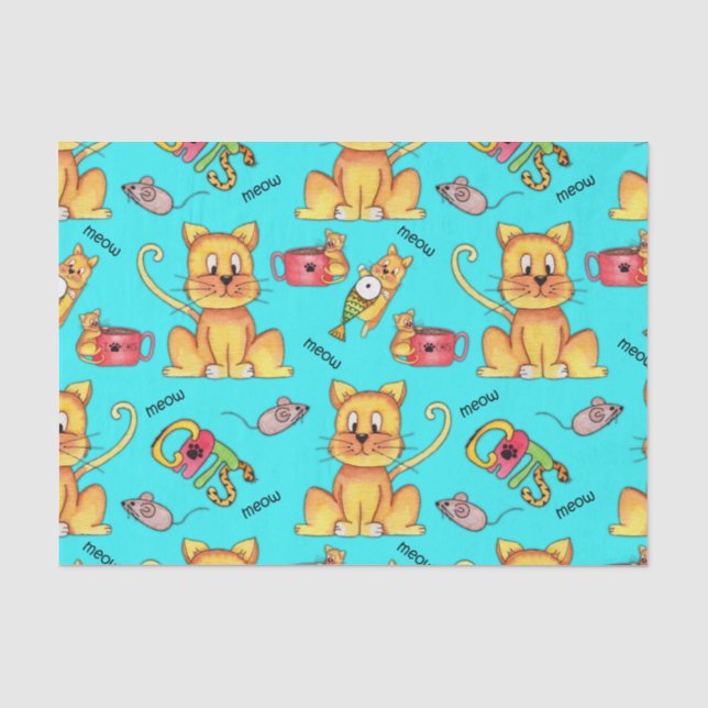 Papier Mousseline Cute Meow Cats Aqua (Recto)