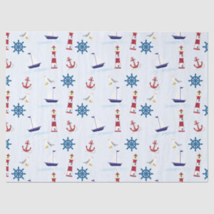 Papier Mousseline Cute Nautical Lighthouse Navire et Sea Gull bleu
