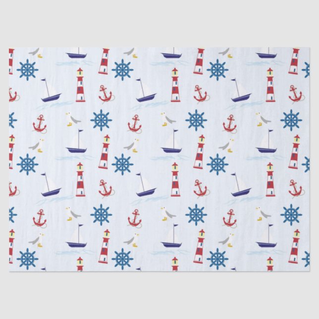Papier Mousseline Cute Nautical Lighthouse Navire et Sea Gull bleu (Recto)