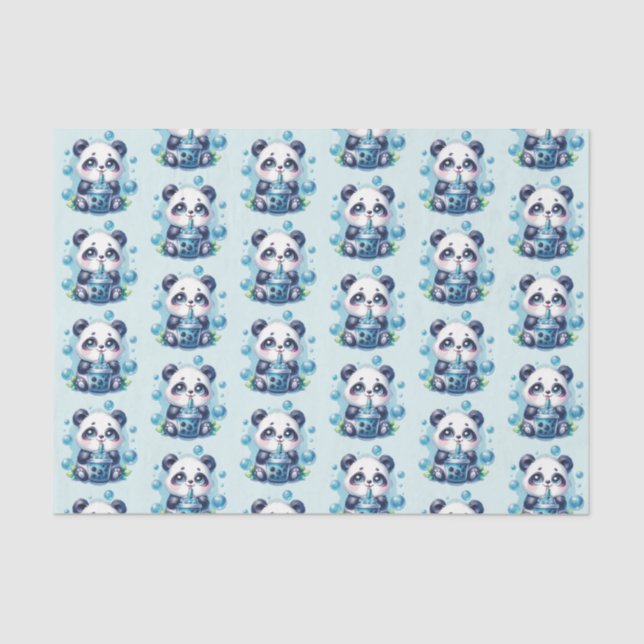 Papier Mousseline Cute Panda et Blue Boba Bubble Tea (Recto)