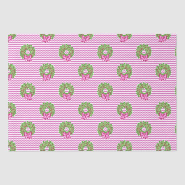 Papier Mousseline Cute Preppy Noël rose et vert Chevron Wreaths (Recto)