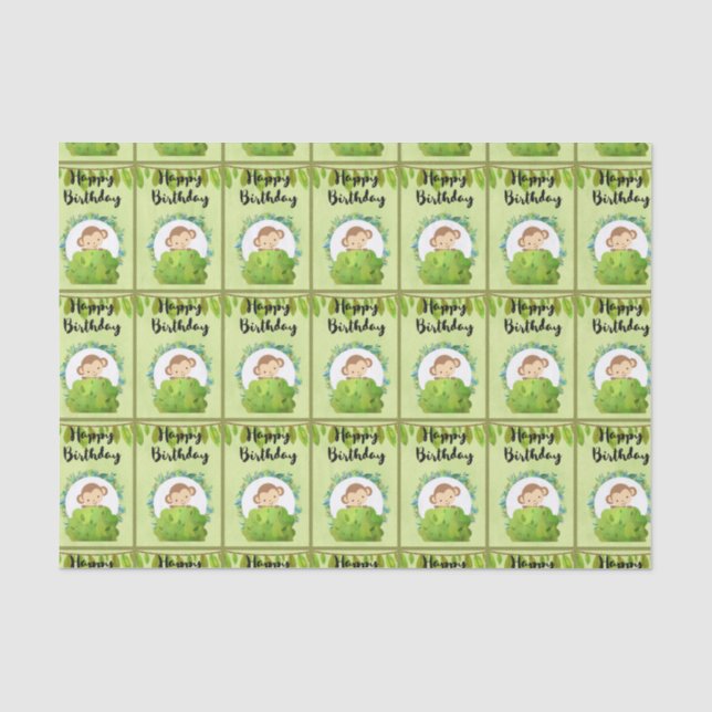 Papier Mousseline Cute Safari Singe Joyeux Motif d'anniversaire (Recto)