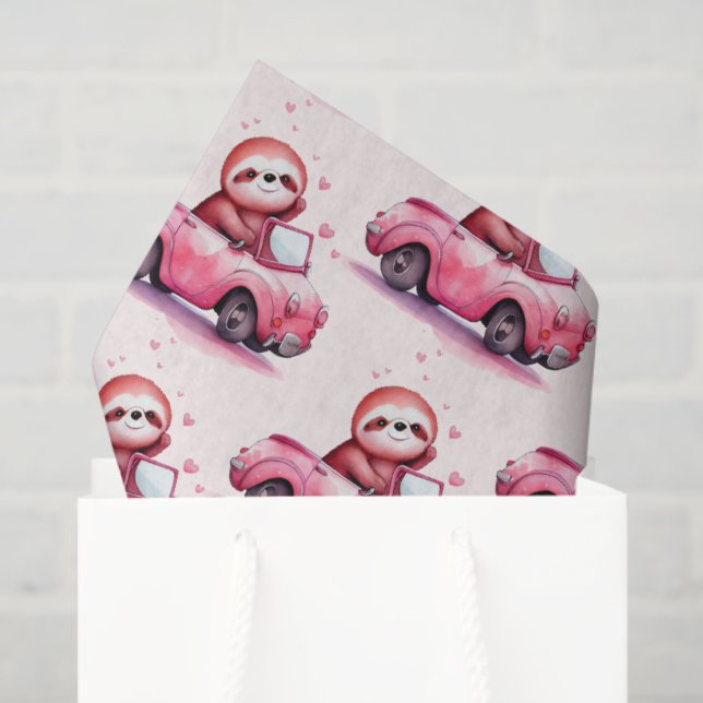 Papier Mousseline Cute Sloth Driving a Pink Convertible Pattern (Sac cadeau)