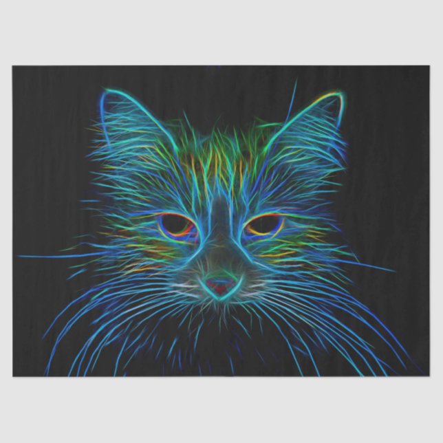 Papier Mousseline Cute Tabby Chat Design Bleu Vert Pop Noir Art (Recto)
