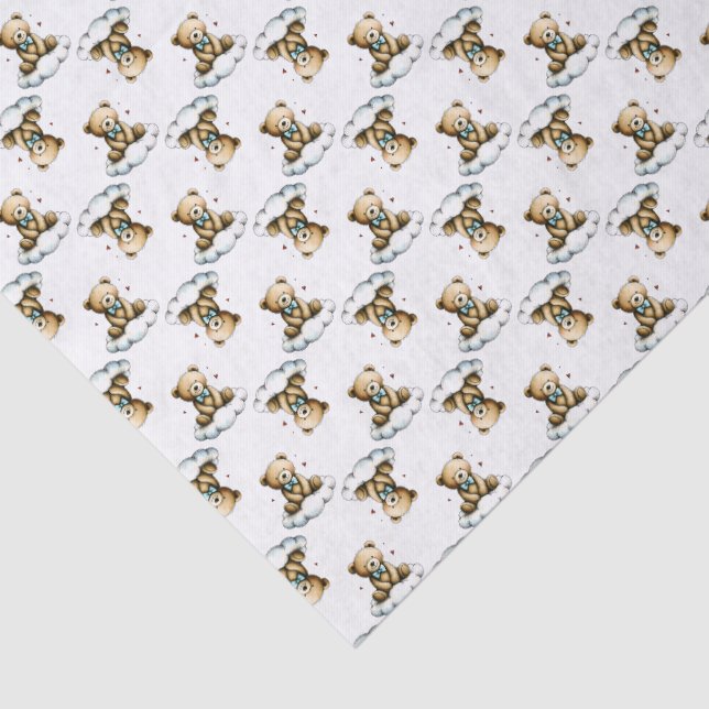 Papier Mousseline Cute Teddy Bear on Fluffy Cloud Blue Bow Tie (Détail)