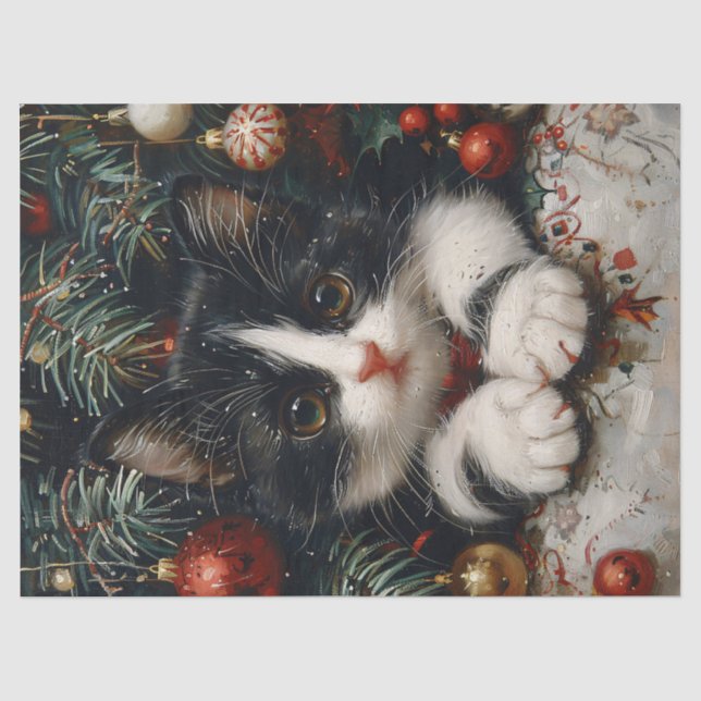 Papier Mousseline Cute Tuxedo Kitten Cat de Noël Découpage (Recto)