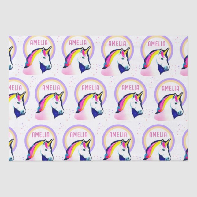 Papier Mousseline Cute Unicorn Magical Stars Fille Nom Anniversaire (Recto)