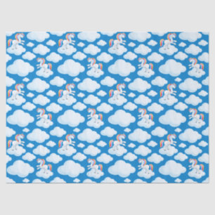 Papier Mousseline Cute Unicorn nuages Whimsical Motif bleu