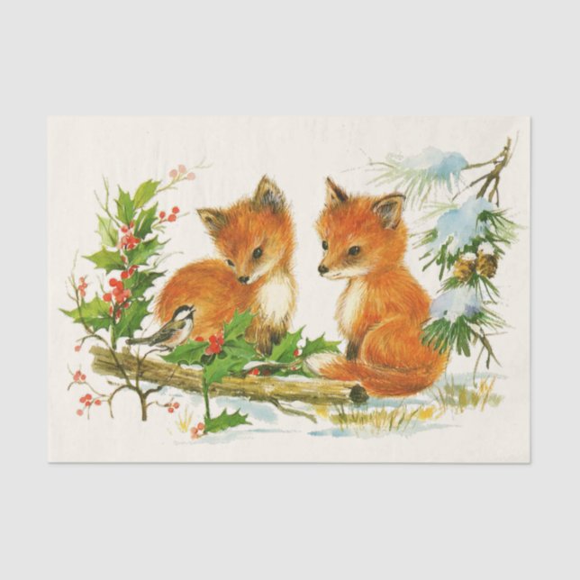 Papier Mousseline Cute Vintage Foxes Retro Christmas Scene (Recto)