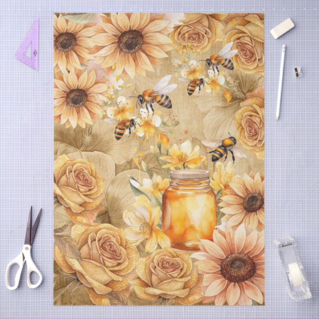 Papier Mousseline Cute Watercolor Honey Bees & Sunflowers Parchment  (Artisanat)